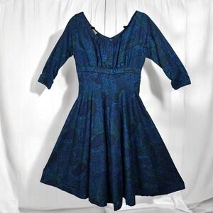 Vintage MCM Jonathan Logan Dress S/M Blue Green Paisley Fit Flare 3/4 Sleeve